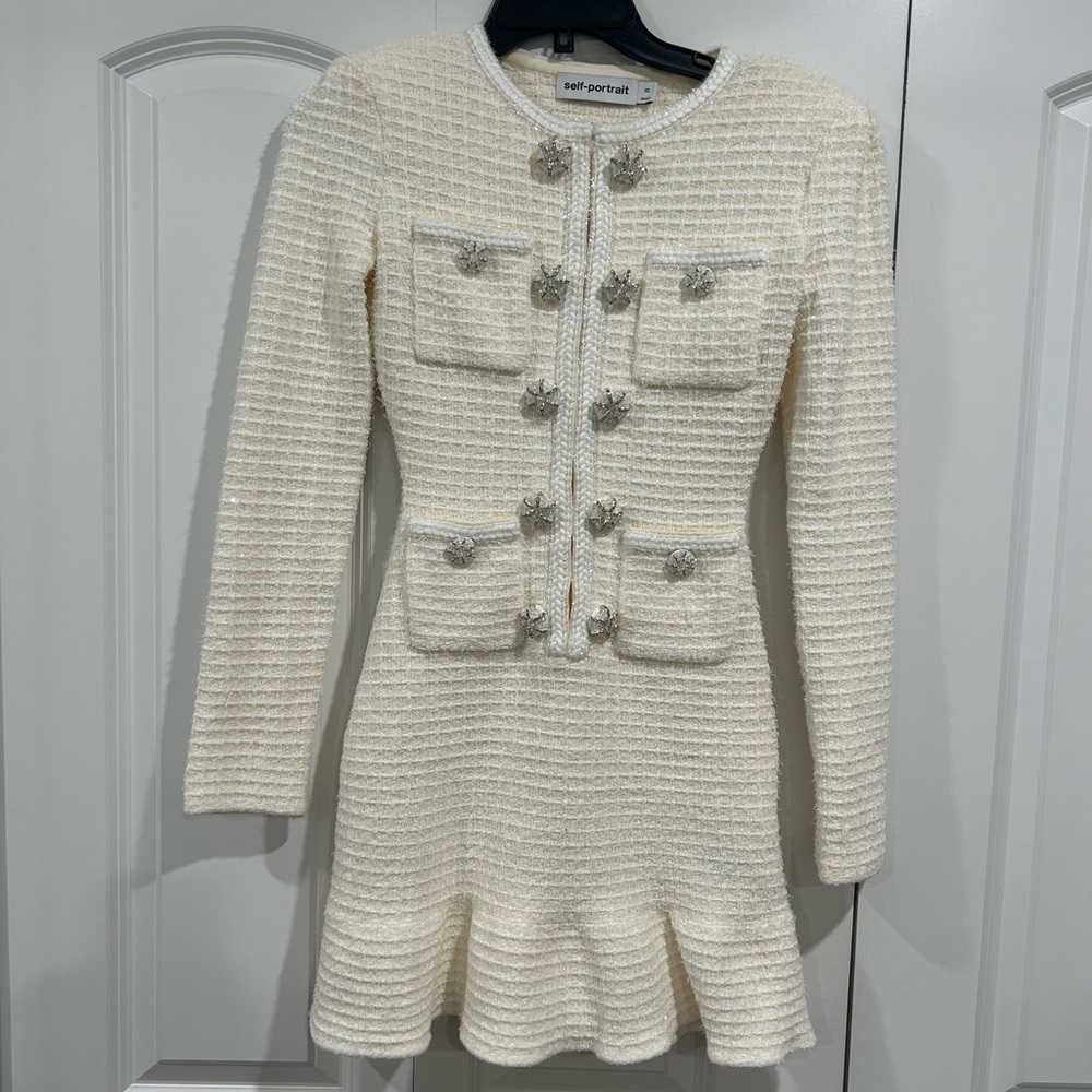 Self-Portrait Ivory Tweed Buttoned Dress